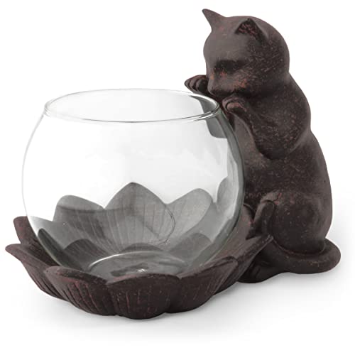 見守り猫 フラワーベース 花瓶 花器(A)ガラスポット ポプリ入れ ハイドロカルチャー ガラス鉢 猫雑貨 置物 西洋 アンティーク風[アジアンスタイルマオ・オリジナル説明書付き]